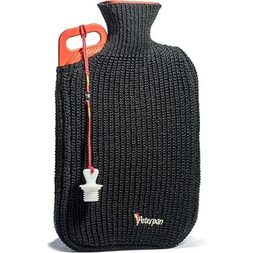 Peterpan Rubber Hot Water Bottle with Knitted Cover, Extra Large & Thick for Pain Relief, 90 Fl Oz Capacity,BPA & Phthalates Free, Handle & 2nd Gen Lanyard Cap, Safe & Comfortable Heat Therapy, Black