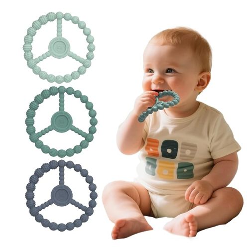 Baby Teething Rings 3 Pack, Silicone Teether Toys for Babies 0-6 & 6-12 Months, Freezable Ring Teethers Toddler Chew Relief Essentials, Infant Boys & Girls Stocking Stuffers (Mint Green Blue)