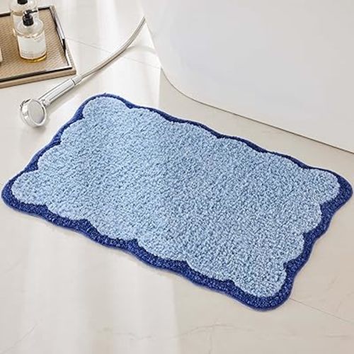 Luxury Microfiber Bathroom Rugs, Navy Scalloped Piping Blue Bath Rug Cute Aesthetic Coastal Nautical Bath Mat for Bathroom, Tub, Floor, Sink, Shower, Anti Slip, Absorbent, 26x16