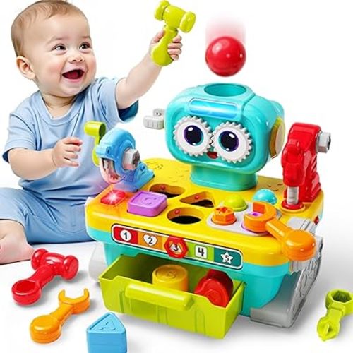 iPlay, iLearn Toddler Musical Workbench Toys for One Year Old Boys, Baby Pretend Play Tool Set, Infant Shape Sorter Activities, Kids Pounding Game, 1st Birthday Gift for 12 18 24 Month Girls Age 1 2 3