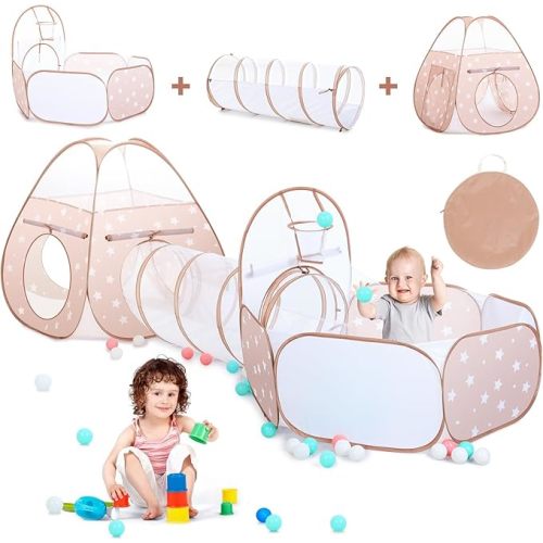 PigPigPen 3 in 1 Kids Play Tent with Play Tunnel and Ball Pit, Toddler Clibing Toys for Boys & Girls, Pop Up Playhouse Toys for Baby Indoor Outdoor, Gift for 3+ Year Old Child