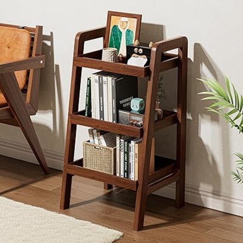 100% Solid Oak Wood 3-Tiers Ladder Shelf, Small Bookcase, Ladder Bookshelf, End/Side Table for Living Room, Display Storage Open Shelf for Bedroom Kitchen Bathroom (Walnut Color)
