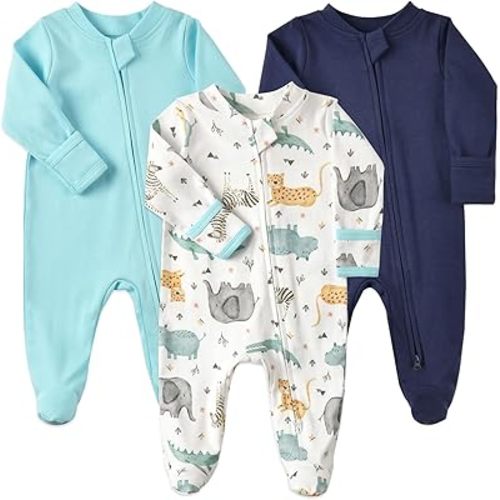 Aablexema Baby Footie Pajamas with Mittens - 3Pcs Infant Cotton Footed One Piece Sleepwear Outfits