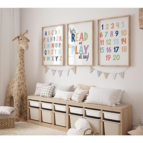 Pennclys Kids Playroom Wall Art Decor Alphabet Poster Play Room Canvas Wall Decor ABC Nursery Wall Art 123 Toddler Poster Let's Read for Boy Girl Room 16x24 Inch Unframed Set of 3
