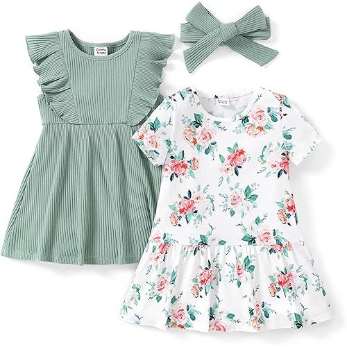 PATPAT Baby Toddler Girl Dresses Infant Ruffle & Short Sleeveless 2 Pack Summer Dress Casual Party Dress