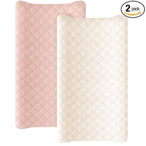 Konssy Waterproof Muslin Changing Pad Cover 2 Pack, Quilted Cotton Fitted Diaper Chang Table Cover, Soft Changing Pad Sheets for Girls Boys (Pink, Cream)