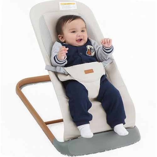 AMKE CooCon Baby Bouncer,Ergonomic Bouncer Seat for Babies with 3 Recline Positions,Portable Newborn Bouncer Seat, Mesh Design Bouncers for Infants,Beige