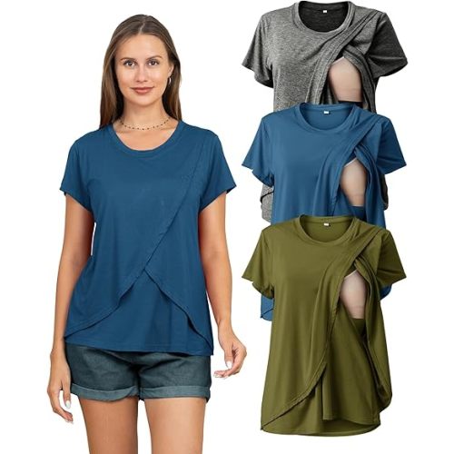 Rnxrbb 3 Pack Women's Nursing Tops for Breastfeeding Summer Short Sleeve T Shirts Postpartum Double Layer Clothes