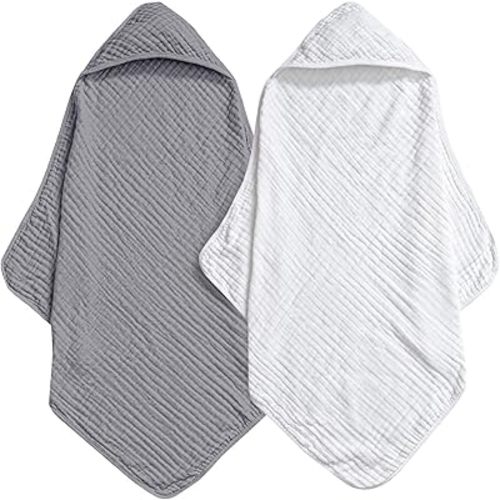 david's kids 2 Pack Hooded Baby Towels, 100% Muslin Cotton Baby Bath Towels, Ultra Soft Breathable Absorbent Towels for Infant Toddler and Kids, Newborn Essentials, Large 32x32Inch, White & Grey