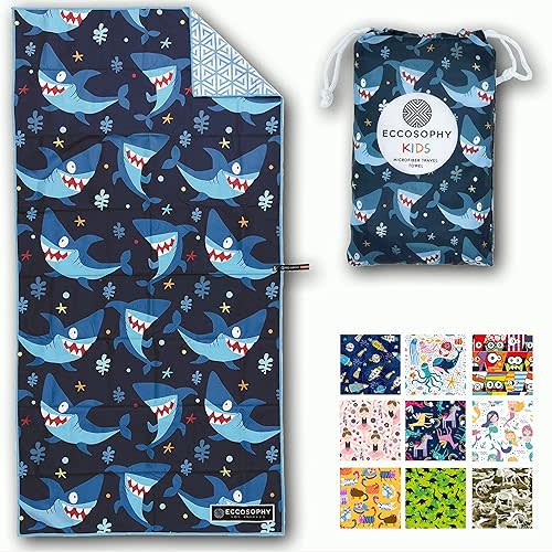 ECCOSOPHY Microfiber Kids Beach Towels & Pouch 60"x30" for Girls & Boys - Quick Dry Pool Towels - Sand Free Beach Blanket for Travel - Camping - Vacation - Toallas Playas