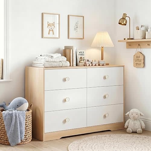 White Dresser for Bedroom, Wood Baby Dresser for Nursery, 6 Drawer Dressers with Sturdy Base, Modern Closet Dresser for Clothes and Baby Essentials