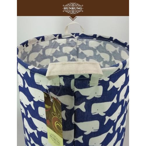 HUNRUNG Laundry Hamper,Large Canvas Fabric Lightweight Storage Basket Toy Organizer Dirty Clothes Collapsible Waterproof for College Dorms, Children Bedroom,Bathroom (Rould Blue Whale)