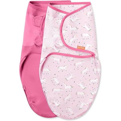 SwaddleMe Easy Change Swaddle – Size Small/Medium, 0-3 Months, 2-Pack (Unicorn Universe) Easy to Use Newborn Swaddle with Bottom Zipper So You Can Change Diaper Without Unwrapping Baby