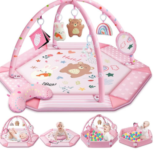 Baby Gym Play Mat, 8-in-1 Tummy Time Mat & Ball Pit with 6 Toys, Washable Baby Activity Mat for Visual, Hearing, Sensory, Motor Development, Babies Gift for Newborn Infant 0-3-6-9-12 Months (Pink)