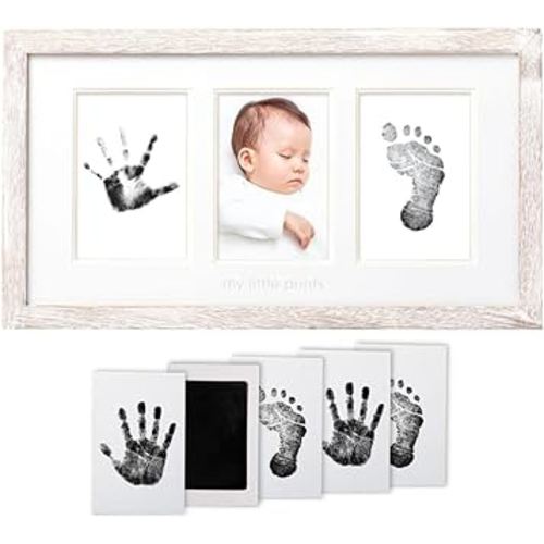 Pearhead My Little Prints Newborn Handprint & Footprint Frame Kit - No Mess Clean Touch Ink Pad, Gender-Neutral Keepsake, Ideal Shower Gift, Nursery Decor, Distressed Wood