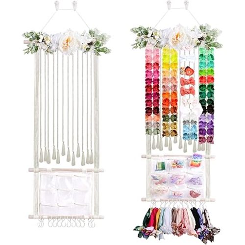 cherrboll Hair Bows Holder Headband Organizer for Girls, Hair Clips Hanger Storage with Hooks, Wall Hanging Decor for Nursery Room