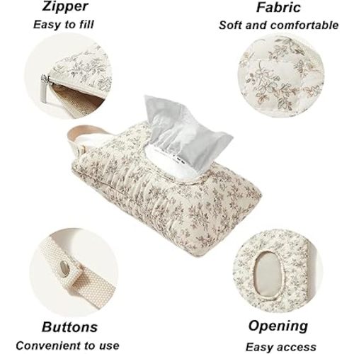 Travel Baby Wipes Case, Floral Quilted Fabric Tissue Box Cover with Refillable Hanging Strap for Bottles, Clothes, Toys, and Pacifiers, Ideal for Walking, Outdoor Activities, Car, or Home Use