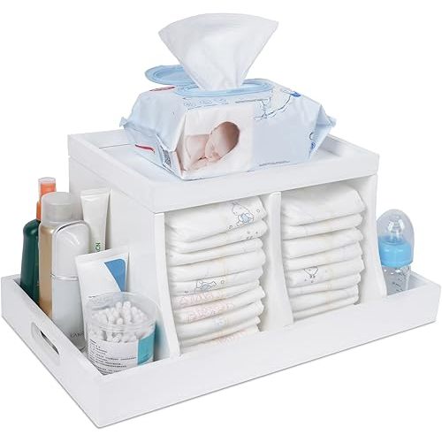 Busidhji Wooden Diaper Caddy Organizer with 2 Compartments and Removable Tray, Changing Table Organizer (White)
