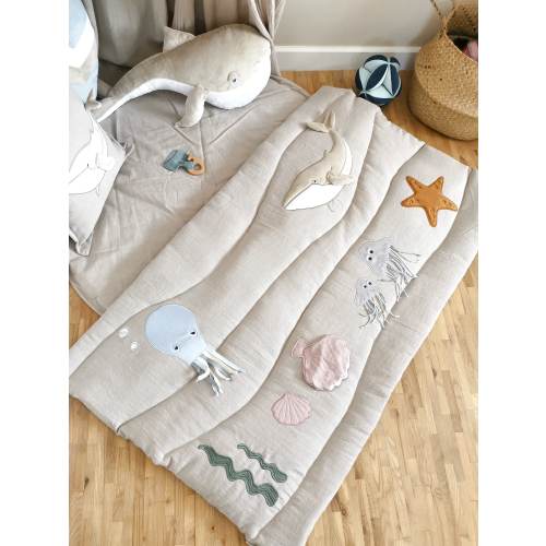 Beige Linen baby play mat with ocean animals, Developmental play mat, Activity Montessori toys, Newborn Baby shower present, Tummy time
