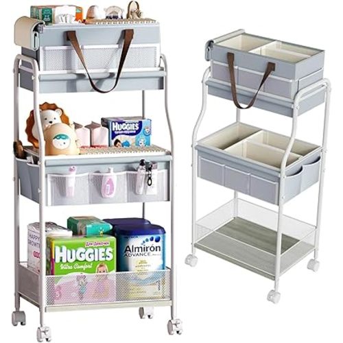 2 In1 Baby Diaper Caddy Organizer & Storage Cart, 3-Tier Rolling Diaper Organizers with Divider and 12 Pocket,Nursery Bedside Caddy Utility Cart for Baby Clothes & Dresser Baby Bottle -Baby Essential
