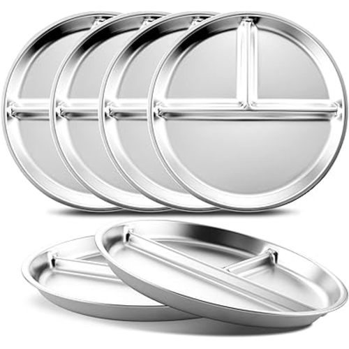 Stainless Steel Kids Plates Set of 6, 9" Portion Control Plates Divided Plate for Adults Toddlers Balance Lunch, Bariatric & Diabetic Diet, Non Toxic Camping Metal Snack Plate for Eating