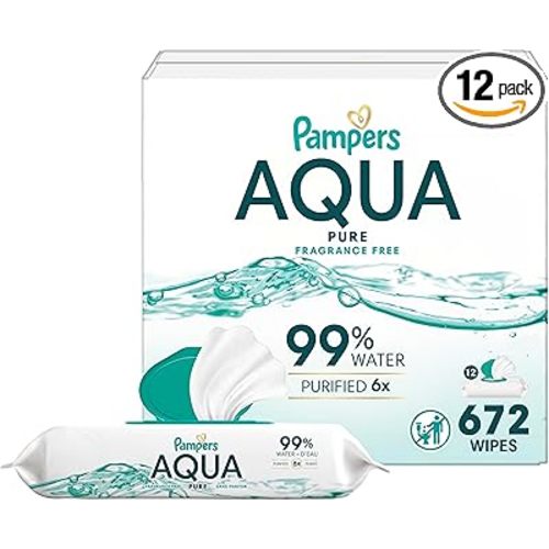 Pampers Baby Wipes Aqua Pure, 99% water-based wipes, Hypoallergenic and Unscented Baby Wipes, 672 Wipes Total (12 Flip-Top Packs)