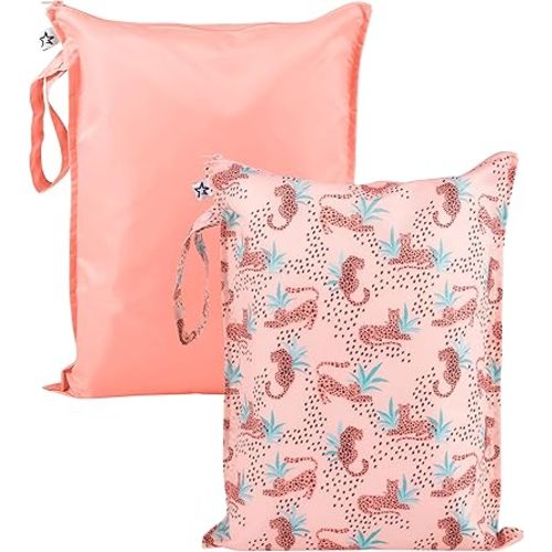 Tiny Twinkle Mess-proof Waterproof Wet Dry Bag | 2 Pack Reusable for Swimsuits, Gym & Baby Clothes | Leakproof Wet Clothes Bag, Beach Travel Essentials (Leopard)