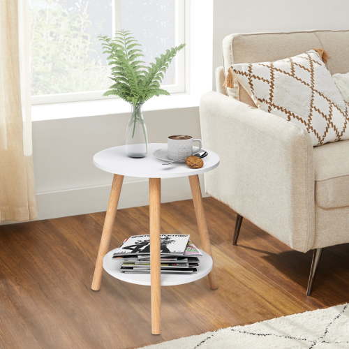 HONEIER 2 Tier Bedside Table, White Wood Night Stand with Storage for Bedroom, Living Room