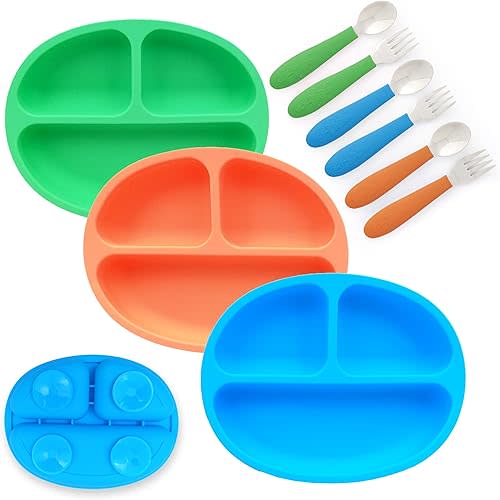 Elk and Friends Silicone Suction Plate for Babies/Toddlers + Stainless Steel Silverware Feeding Set | Divided Plate | Suction Design | Forks + Spoons Included | 3 Pack