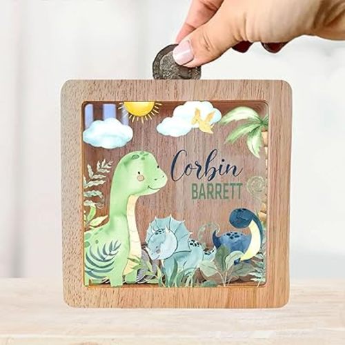 Personalized Piggy Bank, 8''x8'' Wooden Piggy Banks for Kids, Personalized Piggy Bank for Boys, Personalized Piggy Bank for Girls, Gifts for Baby Boys and Girls (Dinosaur Piggy Bank)
