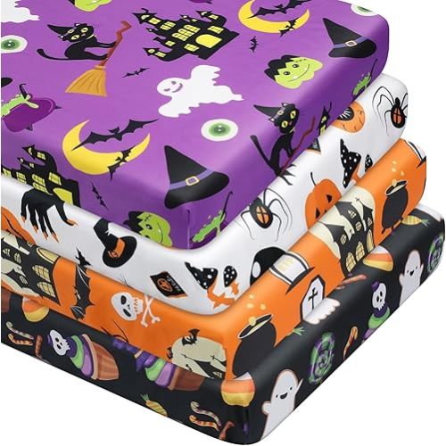 4 Pcs Halloween Pumpkin Ghost Candy Witch Crib Sheets for Boys Girls 52'' x 28'' x 8'' Breathable Newborn Crib Mattress Sheets Fitted Baby Gifts for Standard Crib and Toddler Mattresses