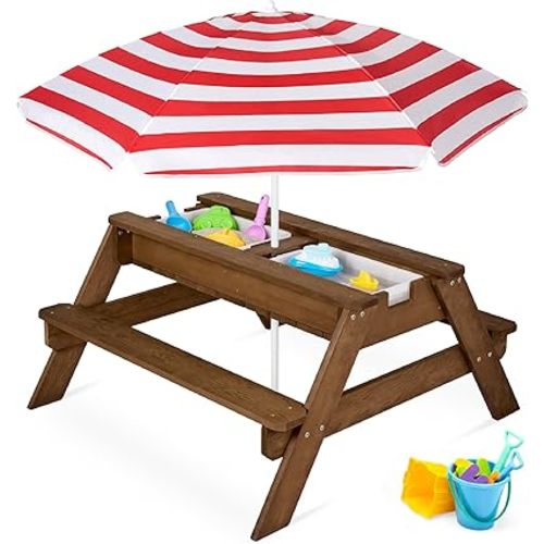 Best Choice Products Kids 3-in-1 Sand & Water Table, Wood Outdoor Convertible Picnic Table w/Umbrella, 2 Trays, Removable Top, 220lb Capacity Per Bench -Walnut/Red