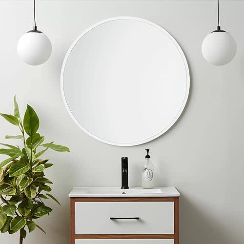 28'' White Round Mirror,Large Circle Wall Mirror Decor for Vanity Washroom Bathroom Entryway Living Room,with Metal Frame