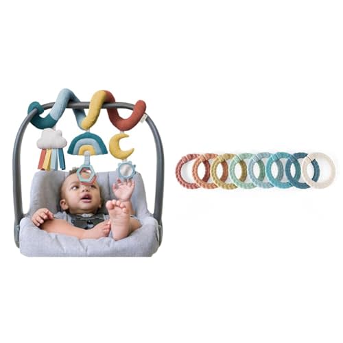 Itzy Ritzy Spiral Car Seat & Stroller Activity Toy - Stroller & Car Seat Toys for Ages 0 Months and Up - Hanging Toys Include Clinking Rings, Mirror and Textured Ribbons & Linking Ring Set,Rainbow