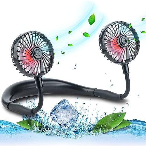 VAGAU Portable Cooling Neck Fan, Rechargeable USB Personal Neck Fans with Colorful LED lights, 360° Rotation, Wearable Neck Fan Air Conditioner for Office Travel Sport, 3 Adjustable Speeds（Black）
