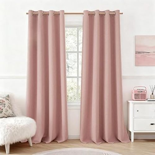 HOMEIDEAS Blush Pink 100% Blackout Curtains 84 Inches Long, Thick Faux Linen/Linen Blend Textured Window Drapes, Cute Room Darkening Grommet Curtains for Girls Bedroom, Nursery, Living Room
