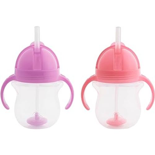 Munchkin® Any Angle™ Weighted Straw Trainer Sippy Cup with Click Lock™ Spill Proof Lid, 7 Ounce, 2 Pack, Pink/Purple