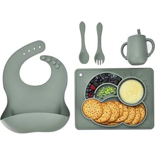 CHILDLIKE BEHAVIOR Baby Weaning Set - 5 Piece Sage Green Bear Silicone Baby Feeding Set - Self Feeding Baby Utensils, Plates, Bibs, Easy to Grip Spoons, Dishes and Cups