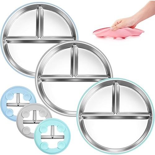 Stainless Steel Kids Plates Silicone Suction,3 Packs Non-Slip Toddler Plates,Divided Portion,Food-Grade Silicone Plate for Bany,LEAD-FREE Dishwasher Safe,Blue Mint Green Grey
