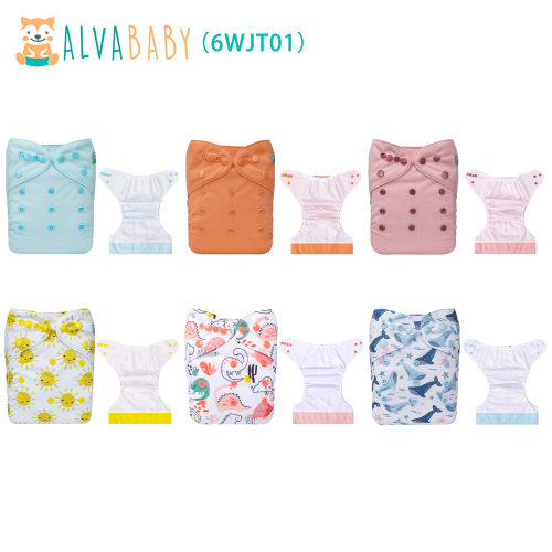 6-Pack AWJ Cloth Diapers with 6 Bamboo Inserts (4 Layers) - One Size Adjustable & Reusable Pocket Diapers for Summer