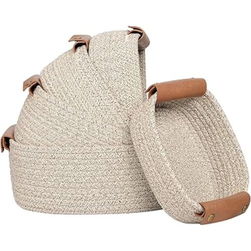 Storage Basket Set of 5 - Cotton Rope Baskets With Leather Handles - Small Woven Basket for Organizing, Nursery, Bathroom Shelves or Bedroom Decor (Natural Brown)