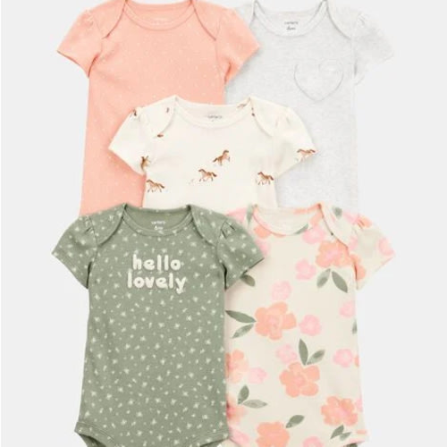 Baby Girl 5-Pack Floral Horses Short-Sleeve Cotton Bodysuits - Pink/Green | Carter's