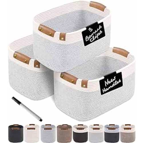 CHAT BLANC Cotton Rope Baskets for Organizing | Storage Baskets for Shelves | Rope Basket for Storage, Small Laundry Baskets, Woven Baskets for Storage, Dog Toy Bin, Baby Basket,Off White &Gray 3 Pack