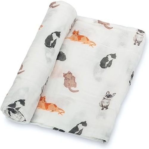LollyBanks 100% Cotton Cat Print Muslin Swaddle Baby Blanket for Newborns and Infants | Generous 47 x 47 inches Size | Lightweight, Breathable, and Adorable Cat Prints, Here Kitty Kitty