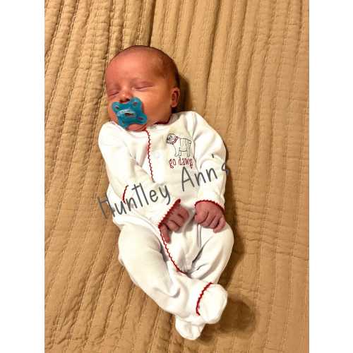 Nb Bulldog Baby Boy Footie. 3m Georgia red picot trim. Go Dawgs newborn sleeper. Baby Shower Gift. Ga fan baby outfit. Bulldog embroidery
