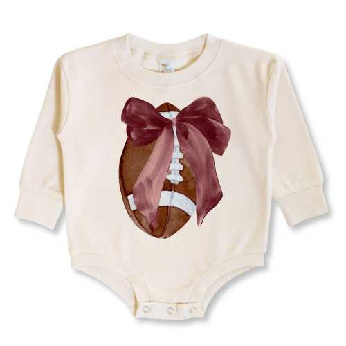 Maroon Game Day Baby & Toddler Romper | Long Sleeves | Sizes 0-3m up to 12-18m | Football Bow | Beige | Fall Outfit