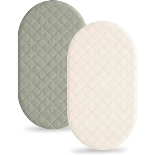 Konssy Quilted Muslin Bassinet Sheets 2 Pack, Waterproof Bassinet Mattress Protector & Sheets for Girls Boys Fit for Baby Bassinets, Cradle, Moses Basket Oval Rectangle Pad/Mattress (Fog Green, Cream)