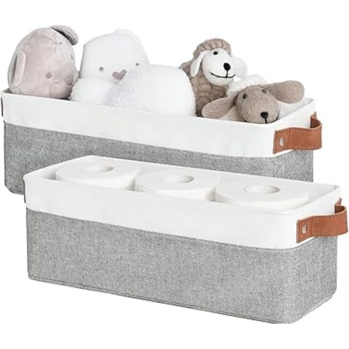 StorageWorks Narrow Storage Bins, Small Basket for Closet and Shelves, Fabric Organizer with Handles, Toilet Paper Storage, Grey and White, 2-Pack