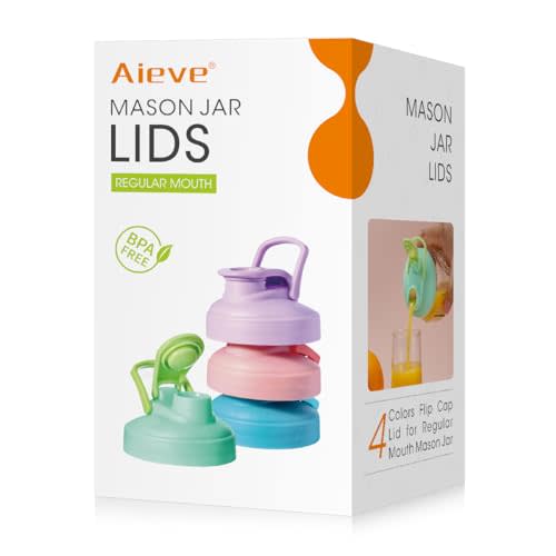 AIEVE Mason Jar Lids with Flip Top, 4 Pack, Reusable, Lid Leak-Proof Seal for Regular Mouth Mason Jars Canning Jars to Pouring Milk Coffee Lemonade (Jars not Included)
