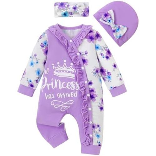 Newborn Infant Baby Girl Clothes Outfits Ruffled Longsleeve Romper with Headband Hat Infant Baby Clothes Girls